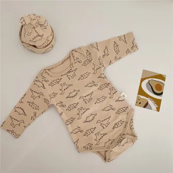 Jeseni Nov Baby Dinozaver Tiskanja Dolg Rokav Bombaž Obleka, Obleka Risanka Jumpsuit + Klobuk Baby Dekle Oblačila Baby Boy Set