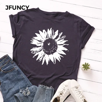 JFUNCY Plus Velikost S-5XL Ženske majice Ženski Kratek Rokav Tee Vrhovi Cvet Natisnjeni Ženska Priložnostne Tshirt 2020 Poletje Bombaž Majica s kratkimi rokavi