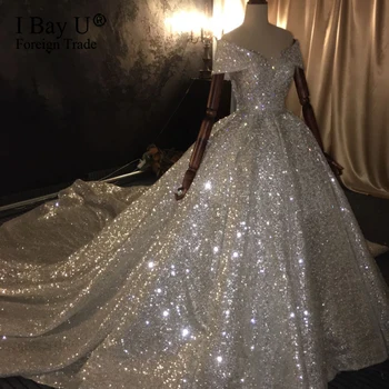 Resnična Delo 2020 Dubaj Princesa Luksuzni Poročne Poročno Obleko Polno Beading Off Ramenski Osupljiva Poroka Oblek Sequined Ruffle