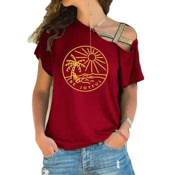 Kuakuayu HJN Bodite Radostni Pozitivno Bombaža ženske Natisnjeni Cool umetnosti Priložnostne T-shirt za dekle Nezakonitih Skew Križ Povoj Ženske vrhovi