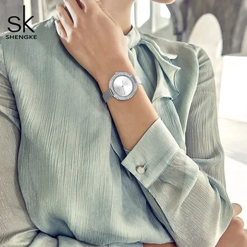 Shengke Luksuzni ženske ure srebro slim watchband 38 mm Velik gumb za Izbiranje dame watch Japonski Quartz reloj mujer zegarek damski