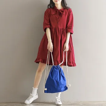 Japonski Dekle Mori Pomlad Jesen Ženske Kawaii Obleko Priložnostne Svoboden Vino Rdeče Vestido Elegantno Letnik Bombaž Perilo Srčkan Obleko Ruffle