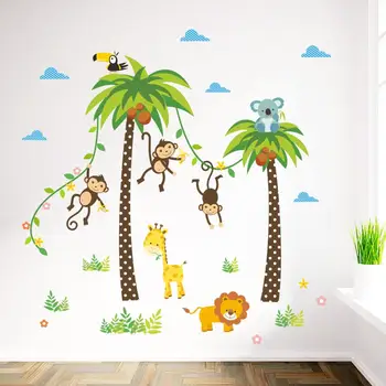 Žirafa, Lev Opica Palme Gozdne Živali stenske nalepke za otroke, soba za Otroke, Spalnica, Stene Decals je Vrtec Dekor Plakat, Freska