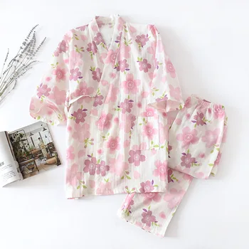 KISBINI Japonski Slog Bombaža Ženske Pižame Nastavite Sakura Natisnjeni Dolge Hlače+Vrhovi Ženski Homewear Pižame Poletje Sleepwear