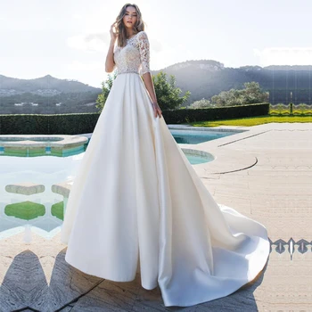Princes Turčija Poročne Obleke Pol Rokavi Appliques Čipke Iluzijo Nazaj Poročne obleke vestidos de noiva Poročni Obleki z Žep