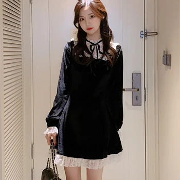 2020 Padec Nove Čipke Lok Povoj Šivanje Žamet Črna Obleka Ženska Long Sleeve Vintage Elegantno Hepburn Veter Božič stranka obleko