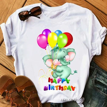 Happy Birthday Slon Grafika Print Majica S Kratkimi Rokavi Ženske Mavrični Balon Tshirt Femme Harajuku Majica Kawaii Oblačila Smešno T-Shirt