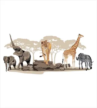 Safari Rjuhe Kritje Nastavite Kraljica Velikosti Ilustracije Divjih Afriških Savan Eksotičnih Živali Žirafa, Lev, Slon, Zebra Dekorativni