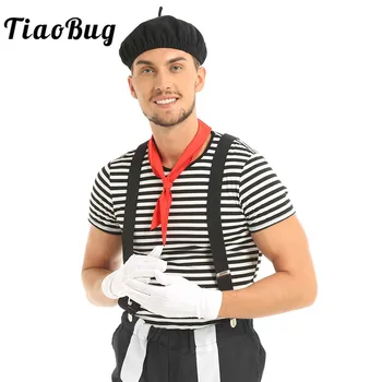 Moški Roleplay francoski Umetnik Cirkus Mime Cosplay Stranke Halloween Kostum T-shirt z Baretka Rdeči Šal Suspender in Rokavice