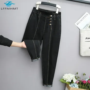 100 kg 5XL Velikosti Jeseni Mode Gumb Svoboden Denim Jeans Za Ženske Urad Dama Barva Harem Hlače Priložnostne Divje Hlače