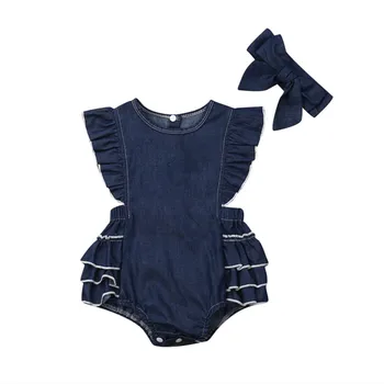Poletje Novorojenčka Otroci Baby Girl Obleke Trdna brez Rokavov Denim Ruffle Jumpsuit+Glavo Obleke 2Pcs Set