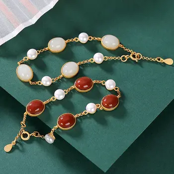 Srebro vdelan naravnih Južno Rdeče Agate Zapestnica Kitajski retro slogu edinstveno stari zlato obrti svetlobno razkošje ženske blagovne znamke nakit