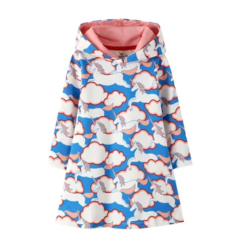 Nov Prihod Dekleta Hooded Obleke Z Metulja Print Mode Bombaž Dinozavri Samorog Dekleta Jeseni, Pozimi Obleko Otroci Oblačila