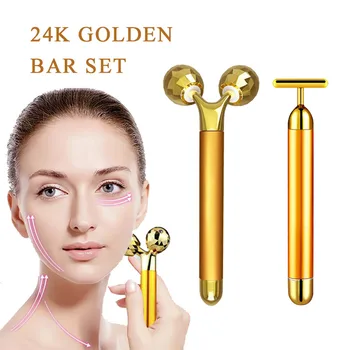 24k Gold Energije Lepoto Bar Nastavite 3D Obraza Vibracije Massager Masaža Obraza Palico Proti Staranju Kože Privijte Roller Zmanjšanje Dvojne Brade