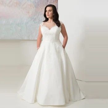 Elegantno Zajemalka Skp Rokavi Plus Velikost Poročne Obleke z Appliques Custom Made-line Satin White/Slonokoščena Poročne Obleke 2020