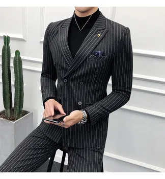 Moški Dvojno zapenjanje bo Ustrezala Dvema-kos Slim Moda Trak Jeseni Nova Socialna Podjetja, Priložnostne Temperament Britanski Veter Poročno Obleko
