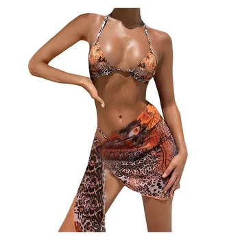 2020 Ženske Povoj 3 Kos Bikini Komplet Push-up Tie Dye Leopard Visoko Pasu Plaži Kopalke Obleko kopalke, Kopalke Купальник