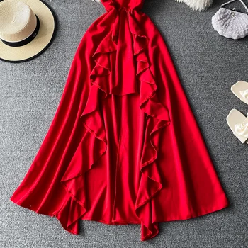 Vintage Črna/Rdeča Nezakonitih Ruffle Stranka Dolga Obleka Ženske Seksi Big Zamahu, Brez Naramnic Vestidos Ženski 2021 Moda Pomlad Poletje