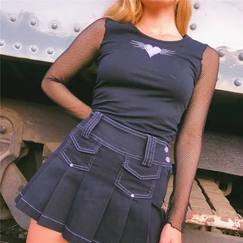 Harajuku Vezenje Srce Gothic T shirt ribja mreža Mozaik Obreži Zgoraj Slim Priložnostne majice za Ženske Vrhovi Tees Oblačila