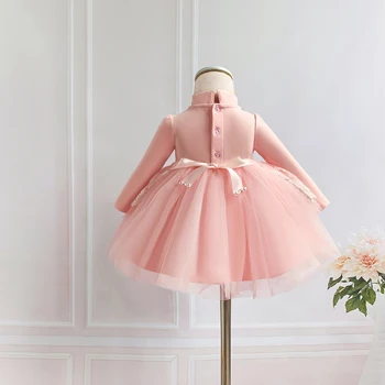 Pozimi Baby Girl Obleke, Roza Čipke Princesa Krst Dojenčkov Obleki 1 leto, Rojstni dan Obleko za Krst Novorojenčka Dekle Obleko