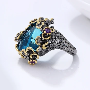Fantastično velik pravokotnik modra kristal obroči trendovski nakit black prekrita hitra dostava visoke kakovosti nakit velik obroč cvet