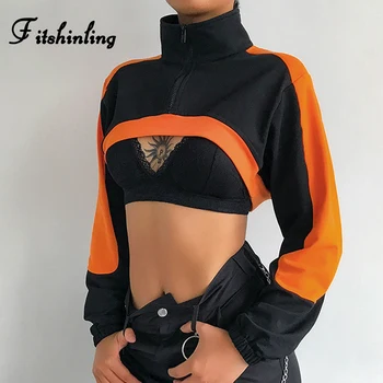 Fitshinling Mozaik Bombaža ženska Majica Odrezana Hoodie Black Orange Moda Sudadera Mujer Ulične Sweatshirts Jeseni