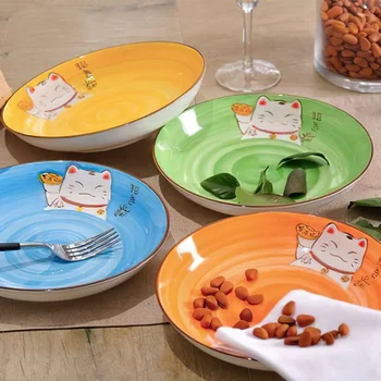 Multi-velikost Japonski Ustvarjalne Multi-barvni Strip Lucky Mačka Okrogle Keramične Plošče Kuhinja Doma Ročno Risani Jedilnico Ploščo
