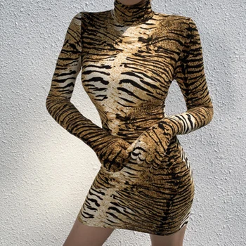 Seksi turtleneck Leopard Obleke živali tiger tiskanja dolgimi rokavi, rokavice, obleka ženske Clubwear Stranka Bodycon Kratek Mini Dresse H88