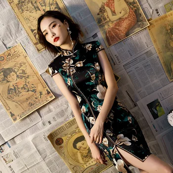 Vroče Prodaje Ženske Print Saten Cheongsam Kitajski Slog Kratke Qipao Poletje Formalno Obleko Novost Nacionalno Obleko S-3XL