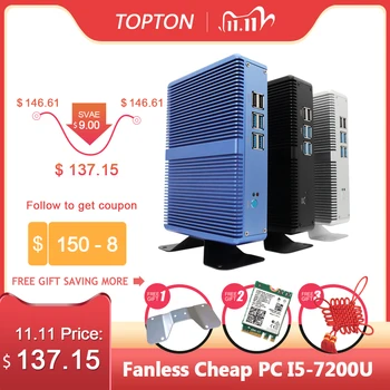 Topton Fanless Mini PC Intel i5 7200U i3 7100U DDR4 DDR3 Nuc Računalnik Linux Windows 10 Pro 1*mSATA 1*2.5