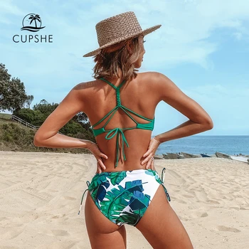CUPSHE Zelena in Listnata Tiskanja Strappy Bikini Določa Seksi Čipke Kopalke Dva Kosa Kopalke Ženske 2021 Novo Plaži, Kopalne Obleke