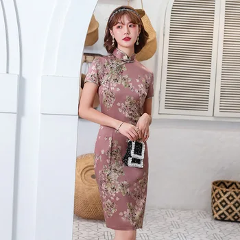2020 Poletje Novo Vintage Izboljšano Kitajski Slog Cheongsam Kratko Krilo Elegantno Vitek Cvetlični Priložnostne Qipao Plus Velikost 3XL 4XL