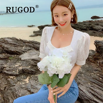 RUGOD Eleganten čipke pearl beading ženske bluzo korejski elegantna puff rokav slim ženske majice Letnik V vratu bele poletne bluze