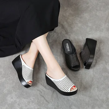 GKTINOO pravega usnja Poletje ženske copate Open Toe flip flops sandali Ženske Klini Copate črno beli diapozitivi sandali