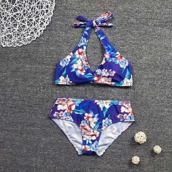 Bikini Ženske modni 2020 Žensk Retro Plaži Tiskanja Priložnostne Bikini Komplet Mid Pasu Seksi Kopalke Beach Set