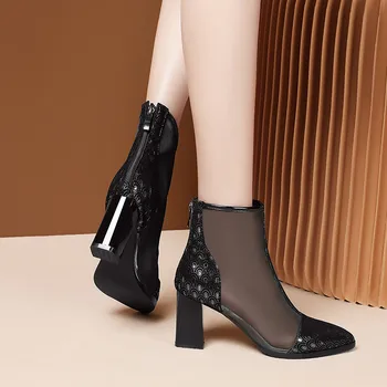 MORAZORA 2020 Jesenski modni škornji debele visokih petah konicami prstov dame čevlji pravega usnja črne barve ženske škornji