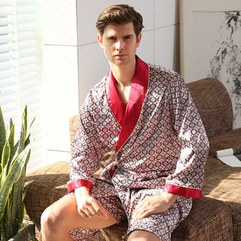 Moški Saten Nightgown 2pcs Halja Hlače Oblačilo Kimono Plašč Sleepwear Priložnostne Poletje Doma Hišna Obleke Plus Velikost 3xl 4xl 5xl