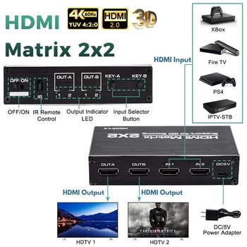 2020 Najboljše 4K@60Hz HDMI Matrix 2x2 Stikalo za Ločevanje Podpora HDCP 1.4 IR Daljinski upravljalnik HDMI Stikalo 2 V 2 Out HDMI Matrix Stikalo