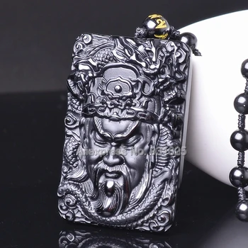 Lep Handwork Naravni Črni Obsidian, Vklesan Kitajski GuanGong Srečo, Amulet Obesek + Kroglice Ogrlica Modni Nakit
