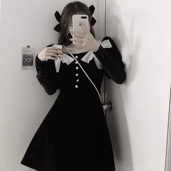 Japonski Harajuku Letnik Gothic Punk Stil Ženske Obleke Pomlad 2021 Novo Črno Redno Kvadratnih Ovratnik Lok Velvet Ženske Obleke