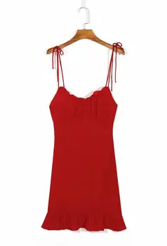 Retro ruffles mini obleka ženske nastavljiv špagete trakovi rdeče črne elastične počitniška moda poletni obleki