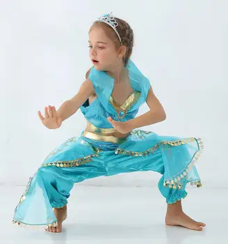 Visoka Kakovost Odrasli Otroci Aladdin Princesa Jasmina Kostum Cosplay Lasulje Halloween Party Ženske Dekle Ples Trebuh Fancy Oblačenja Noša