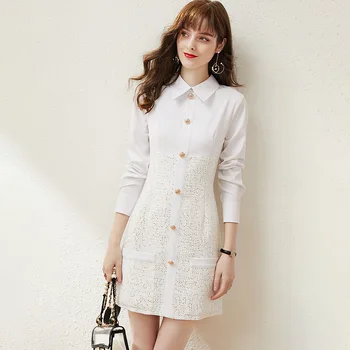 2020 novo pomlad francoskem slogu ženske obleke Bleščica mozaik slim obleke z dolgimi rokavi znižuj ovratnik Aline Obleko