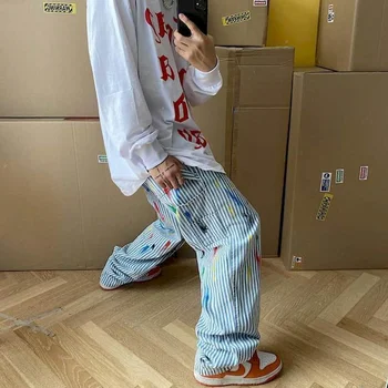 Moški ženske jeans prugasta traper hlače Harajuku hip hop grafiti brizga črnilo svoboden high street zavesa priložnostne naravnost par hlače