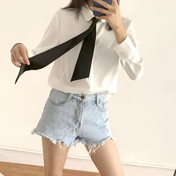 Moda Belo Šifon Dolg Rokav Bluzo s Črno Kravatni Ženske Urad Dame Majice 2020 Pomlad Jesen korejski Oblačila