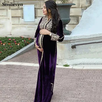 Smileven Maroko Caftan Večerne Obleke nosečnica Maturantski Žametno Obleko z Dolgimi Rokavi Formalno Večer Stranka Obleko Plus Velikost