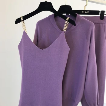 2020 jeseni Pleteni pulover obleko priložnostne nov izdelek za temperament verige telovnik pleteni jakna + elastične hlače tri-kos določa TZ423