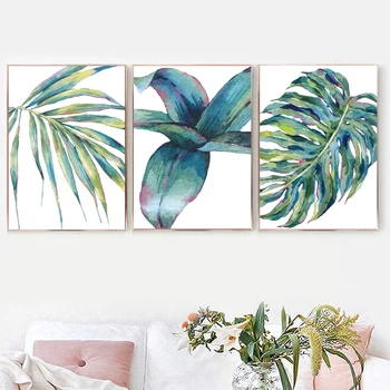 Tropski listnih Akvarel Modro, Zeleno listje, Galerija Wall Art Natisne Botanični Stenske Slike za Dnevna Soba Dekoracijo Doma