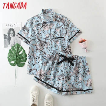 Tangada 2020 poletje ženske letnik blue print vrhovi kratke hlače komplet za obleko, 2 delni komplet majica in kratke hlače, visoke kakovosti 8H2
