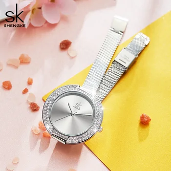 Shengke Luksuzni ženske ure srebro slim watchband 38 mm Velik gumb za Izbiranje dame watch Japonski Quartz reloj mujer zegarek damski